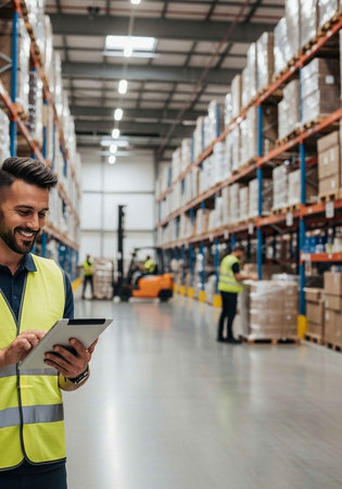 A man in a yellow safety vest using a tablet in a warehouse settingの写真素材