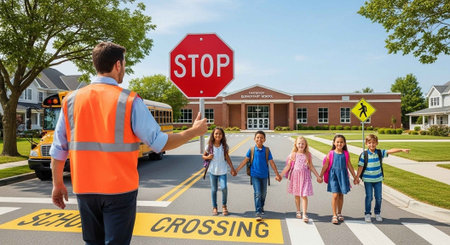 A school crossing guard helps children cross the street in front of a school buildingの写真素材