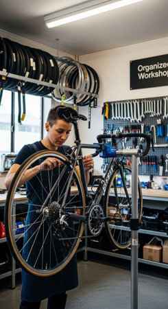 A young man repairing a bicycle in a well-organized workshop with various toolsの写真素材