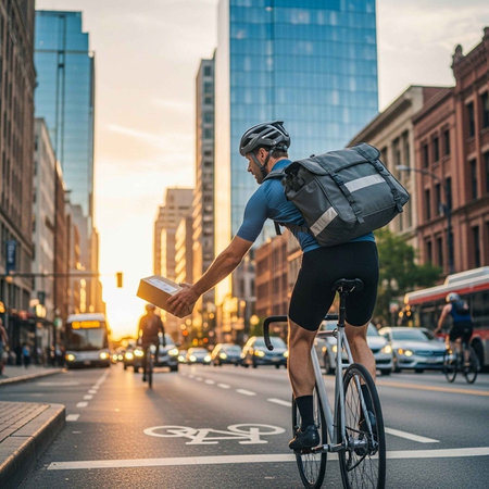 A delivery man riding a bicycle through a busy city street at sunsetの写真素材