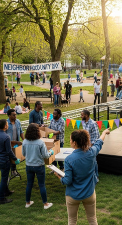 A group of people gather for a Neighborhood Unity Day event in a park