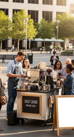 A man serves coffee to a group of people from a cart in a city square