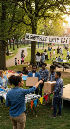 A group of people celebrating Neighborhood Unity Day in a park with a bannerの写真素材