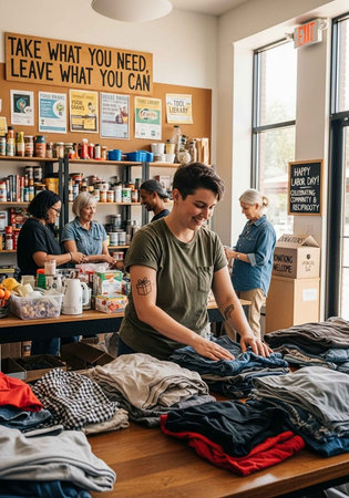 A woman organizes clothes at a community closet with a sign that reads take what you need leave what...