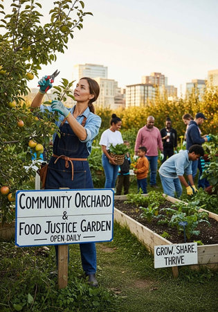 A woman tends to a community orchard and food justice garden in an urban setting