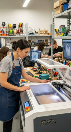 A woman in an apron working with a laser cutting machine in a workshop