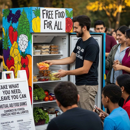 A man distributes free food from a colorful community fridge to a diverse group of peopleの写真素材