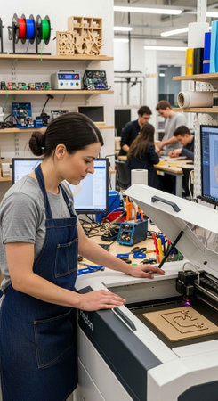 A young woman working on a laser cutting machine in a modern workshop or makerspace