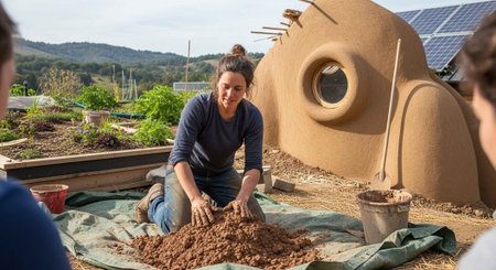 A woman kneels on the ground working with soil in a garden settingの写真素材