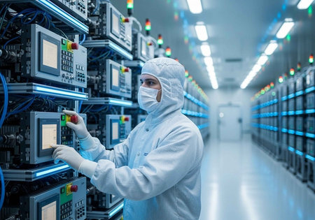 A scientist in a white lab coat working with computer equipment in a laboratory setting.