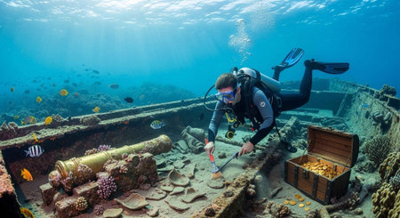 A scuba diver explores an underwater shipwreck and discovers a treasure chest filled with goldの写真素材