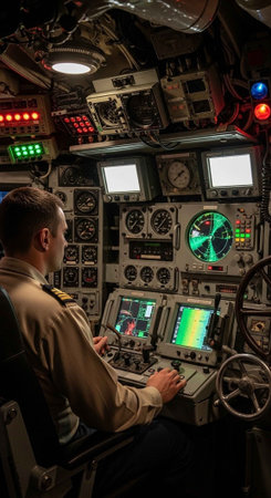 A naval officer operates complex controls in a submarine command center at nightの写真素材