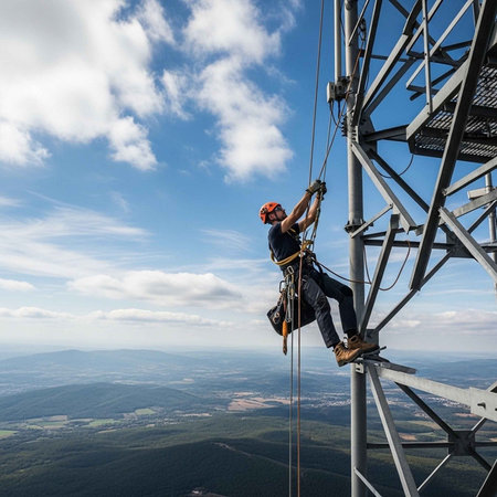 A man in an orange helmet climbing a cell tower with a breathtaking viewの写真素材