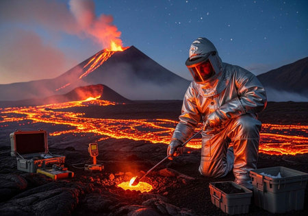 A scientist in a protective suit collects volcanic rock samples near an erupting volcano at nightの写真素材