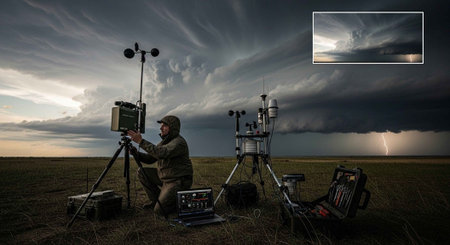 A meteorologist setting up weather monitoring equipment in a field during a storm