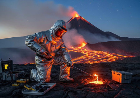 A scientist in a protective suit collects volcanic rock samples near an erupting volcano at duskの写真素材