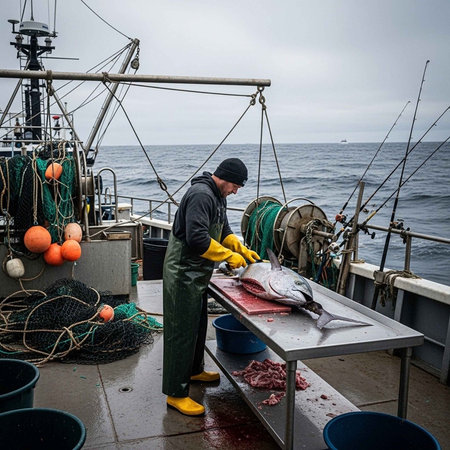 A fisherman on a boat cutting a fish on a metal table at seaの写真素材