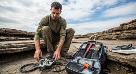 A man in outdoor gear prepares equipment on a rocky terrain with a cloudy skyの写真素材