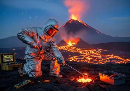 A scientist in a protective suit collects lava samples near an erupting volcano at duskの写真素材