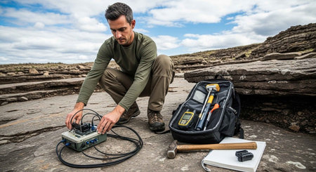 A man in outdoor gear works with electronic equipment on a rocky surfaceの写真素材
