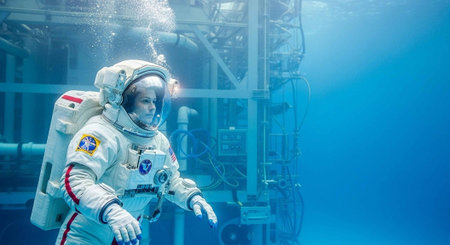 An astronaut in a white spacesuit swims underwater with a large blue backgroundの写真素材