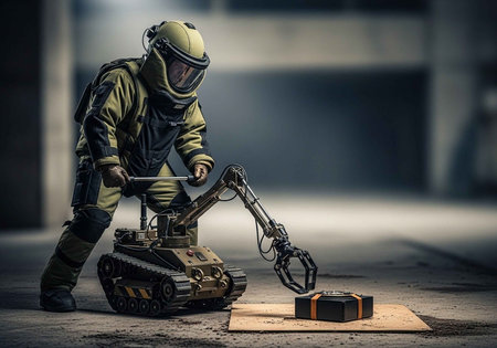 A bomb disposal expert in a protective suit operates a robotic arm to defuse a bombの写真素材