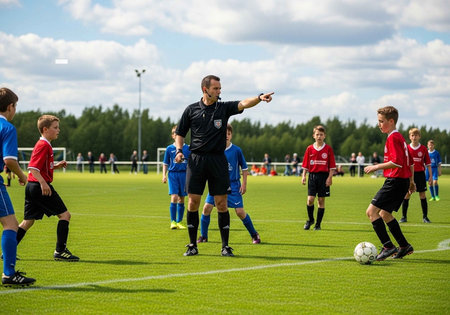 A referee directing a youth soccer game on a green field with players in red and blue uniforms.