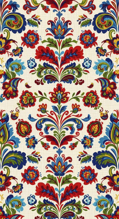 A vibrant floral patterned fabric with colorful flowers and leaves on a cream background