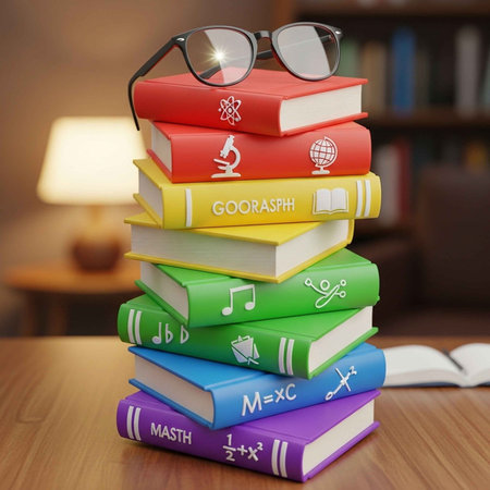 A stack of colorful books with glasses on top in a cozy library setting