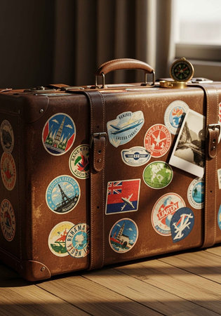 A vintage brown leather suitcase with travel stickers on a wooden floor indoorsの写真素材