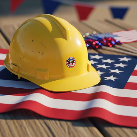 A yellow hard hat rests on an American flag with patriotic decorations nearby.の写真素材