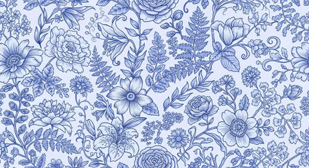 A beautiful blue and white floral pattern with various flowers and leavesの写真素材