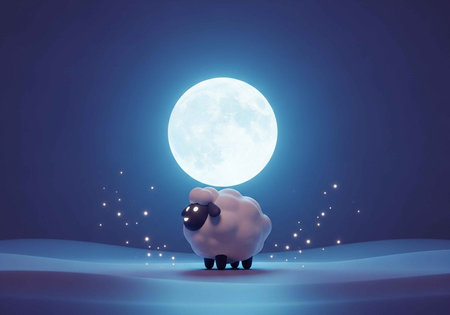 A cartoon sheep stands alone under a bright full moon in a serene landscapeの写真素材