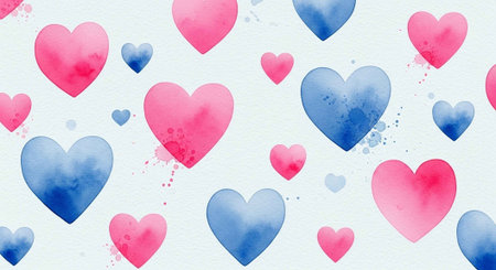 A colorful pattern of pink and blue hearts on a white background
