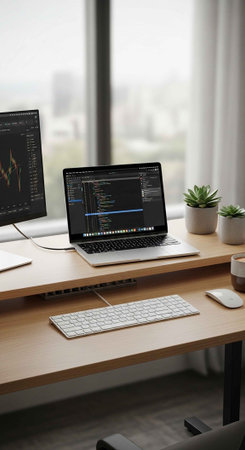 A modern workspace with a laptop and monitor on a wooden desk by the window