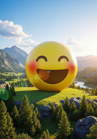 A large yellow smiley face emoji sits on a green hill in a serene natural landscapeの写真素材