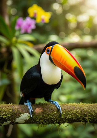A vibrant toucan perched on a mossy branch in a lush tropical forest environment