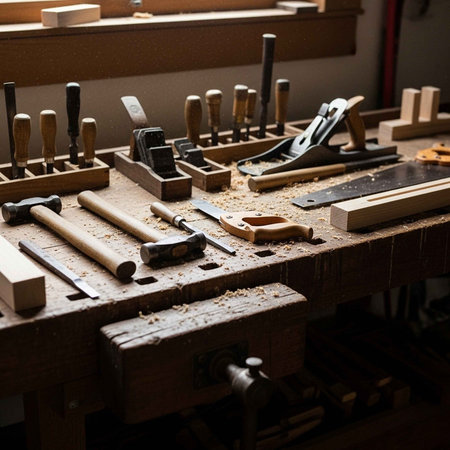A cluttered woodworking workbench with various tools and wooden pieces in a workshop