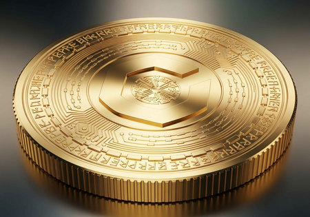 A close-up view of a gold coin with intricate designs and patterns on its surfaceの写真素材