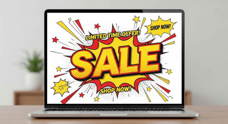 A laptop displays a vibrant sale advertisement on its screen in a modern room