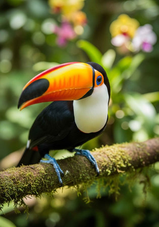 A vibrant toucan perched on a mossy branch in a lush tropical forest environmentの写真素材