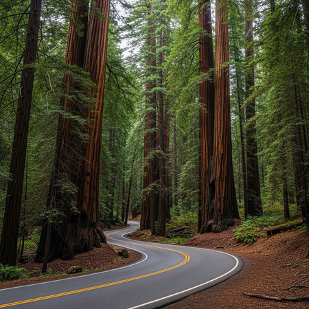 A winding road through a forest of tall trees with green leaves and brown trunks