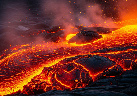A dramatic landscape of molten lava flowing across a dark rocky terrain at nightの写真素材