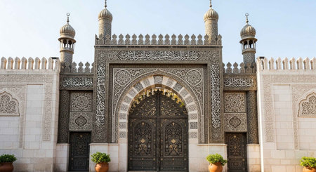 An ornate and intricately designed mosque with a large arched doorway and towersの写真素材