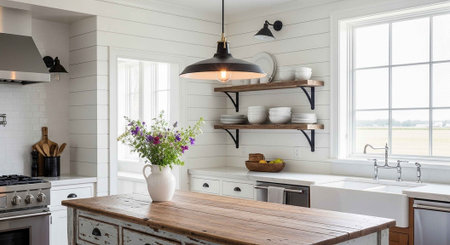 A modern kitchen with a wooden island and white shiplap walls and cabinets