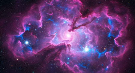 A vibrant nebula glows with purple and blue light in the vastness of spaceの写真素材