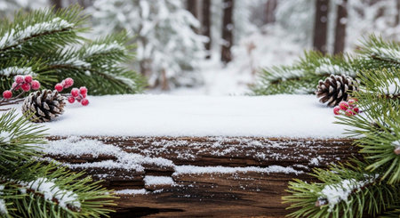 A snowy log with pine branches and red berries in a winter sceneの写真素材