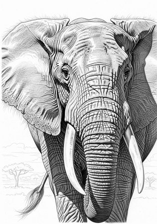 A detailed black and white illustration of an elephant's face and tusks in a savannahの写真素材