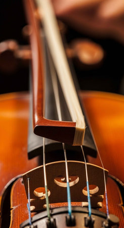 A close-up view of a cello with a blurred background of a musicianの写真素材