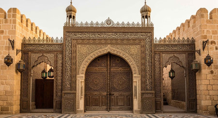 An intricately designed ancient stone gate with arches and domes in a historic settingの写真素材
